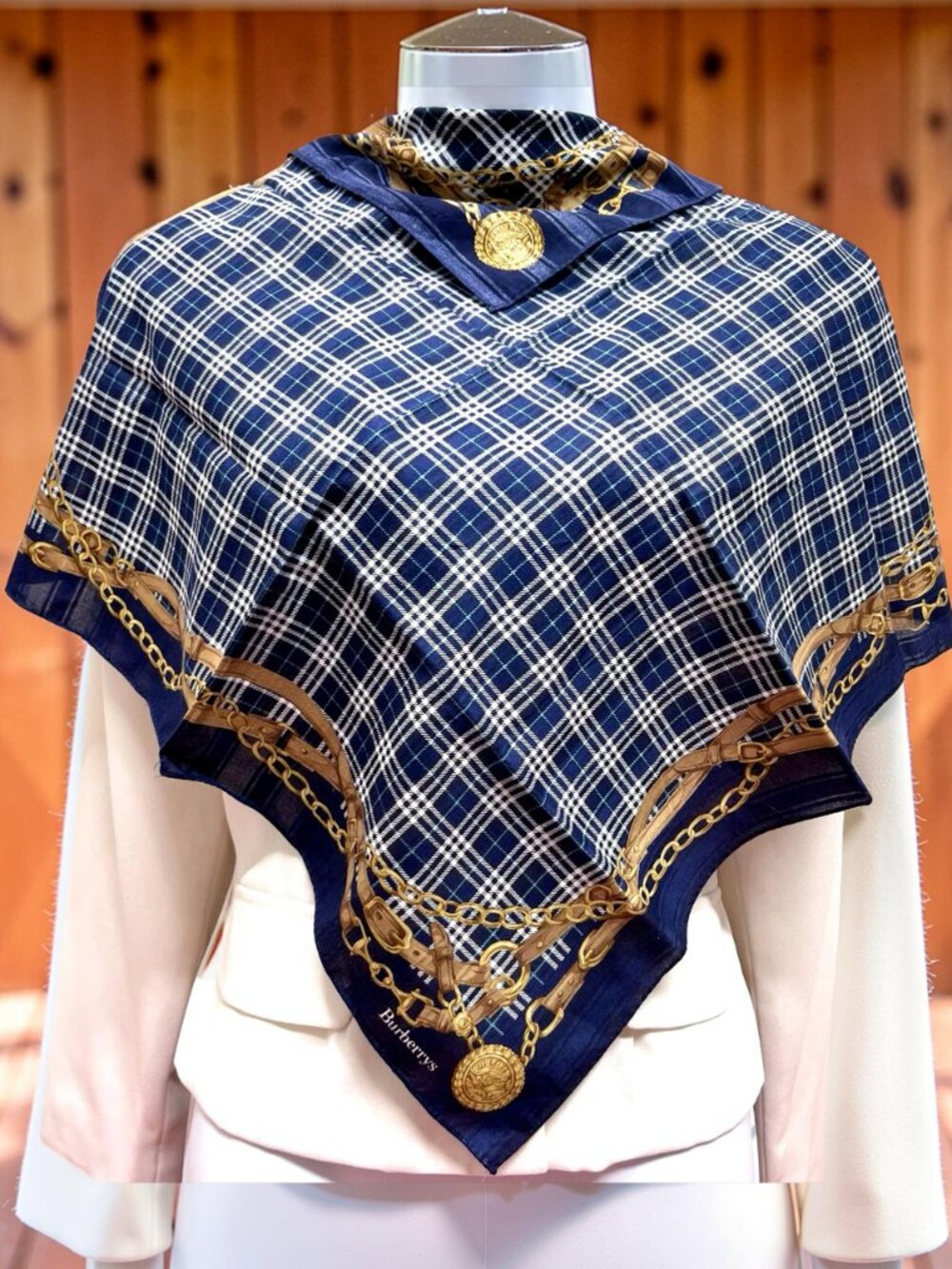 Burberry Neck-Kerchief cotton & Silk made 22" Blue black white chek gold belt(96